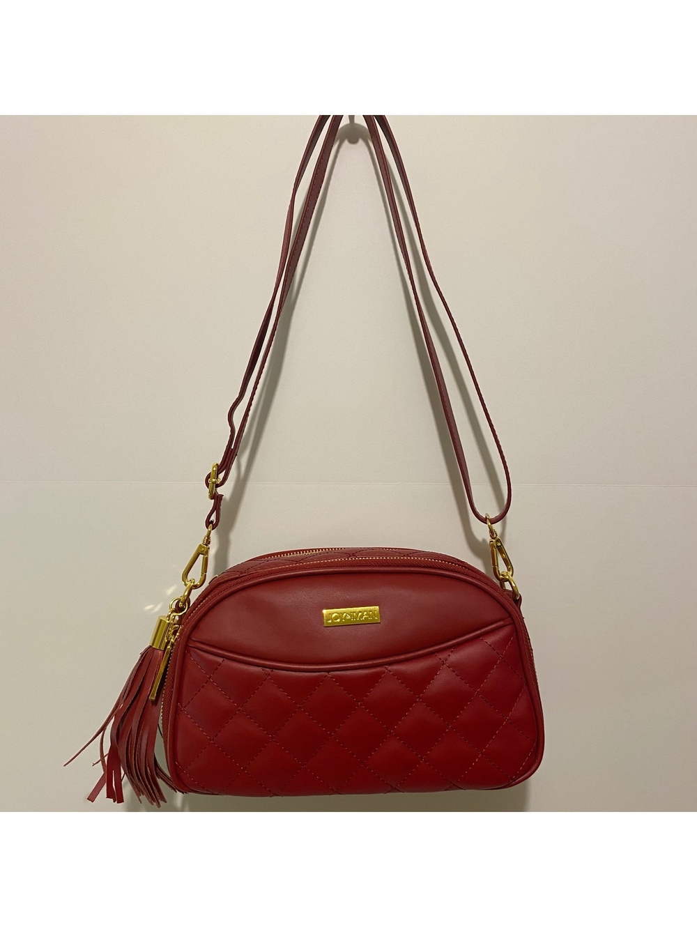 Joy & Iman Red Quilted Crossbody Bag with Tassel and Gold Chain Strap